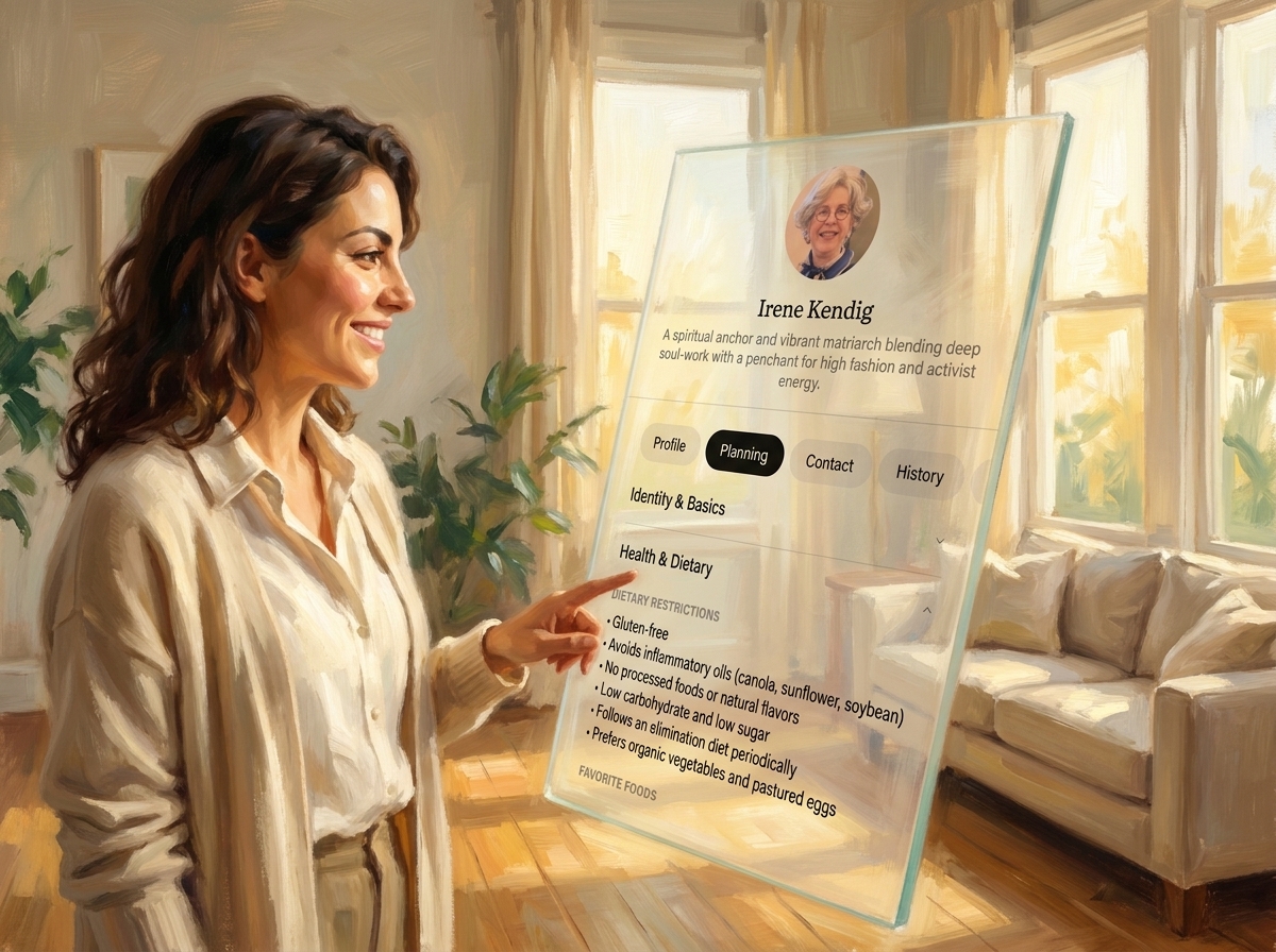 A painting of Clair smiling at an iPhone showing a person’s profile and details.